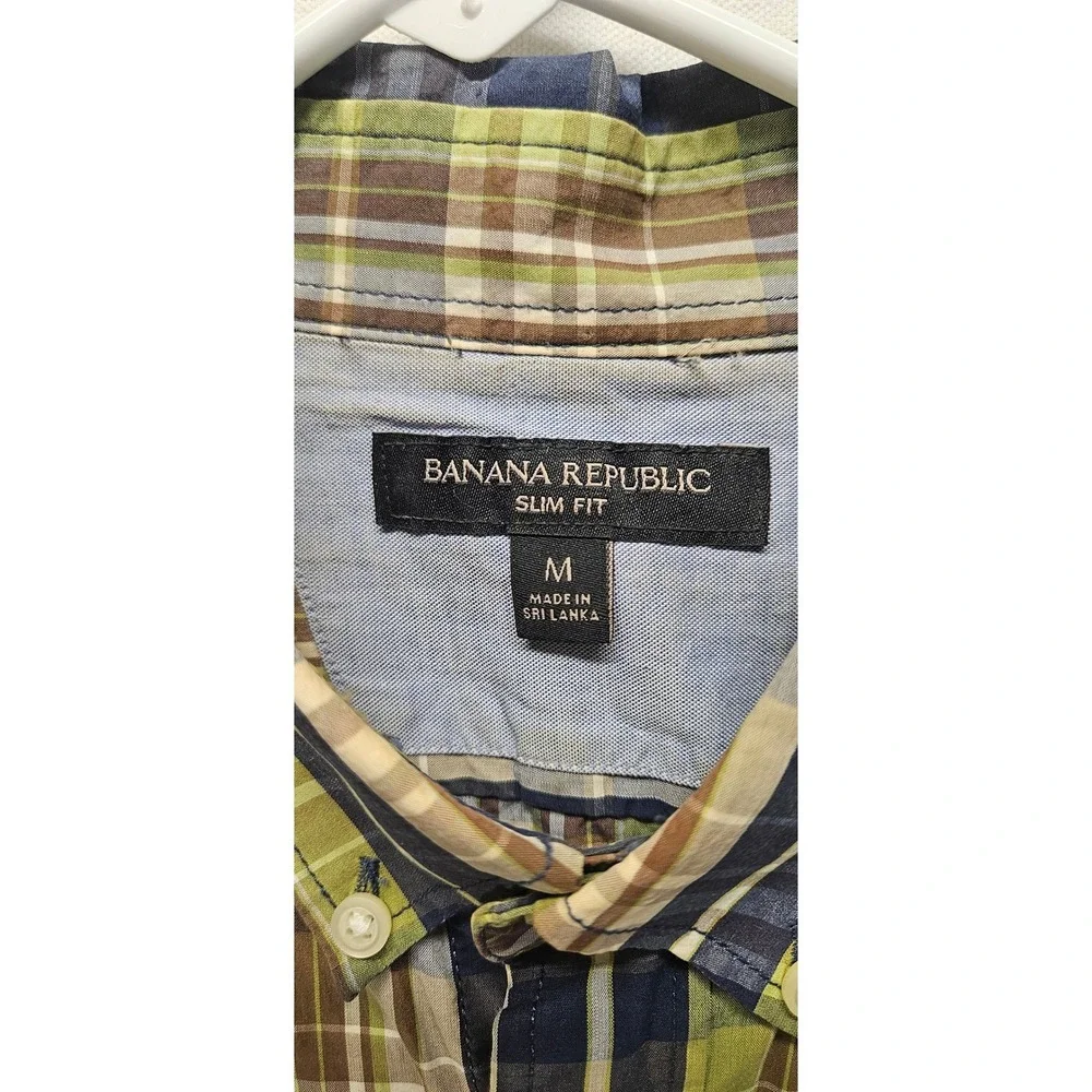 Banana Republic Slim Fit Plaid Button Down Shirt Mens Medium Green Blue Brown